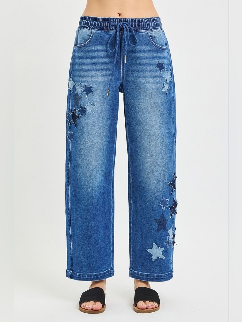 RISEN HR Dark Wash Slouchy Barrel Jeans Star Patch Elastic Waist Various NEW - Picture 2 of 7